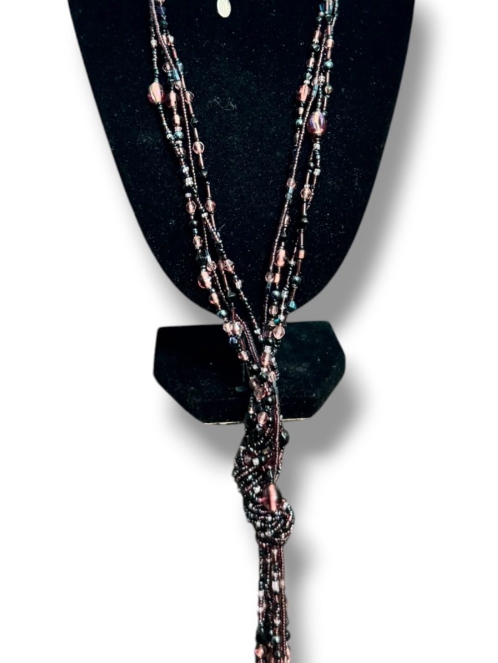 Chico’s Multi Strand Beaded Tassel Necklace Purple Black Statement Boho Long